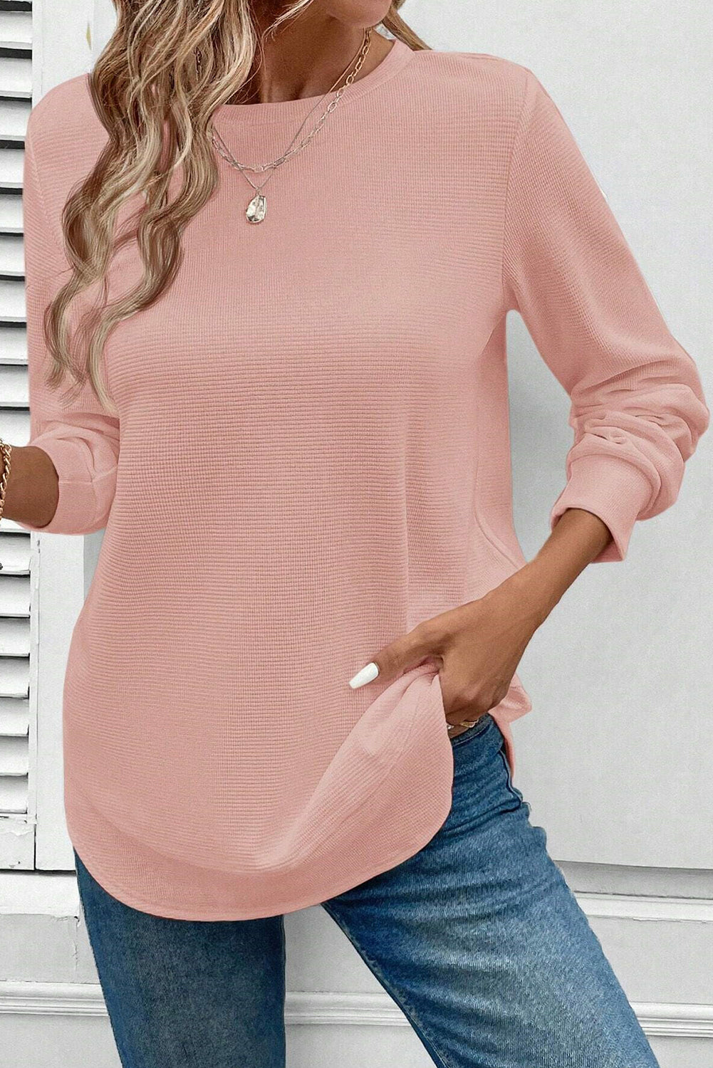 Gossamer Pink Rounded Hem Waffle Long Sleeve Top