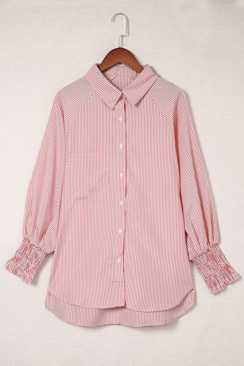 Red Stripe Smocked Cuffed Striped Boyfriend Shirt with Pocket