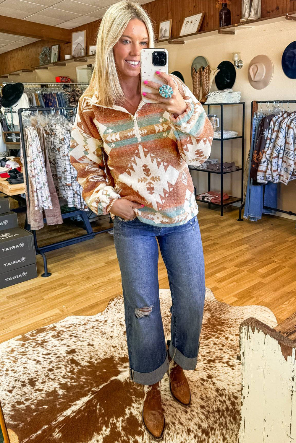 Khaki Quarter Zip Elastic Cuffs Aztec Sweatshirt