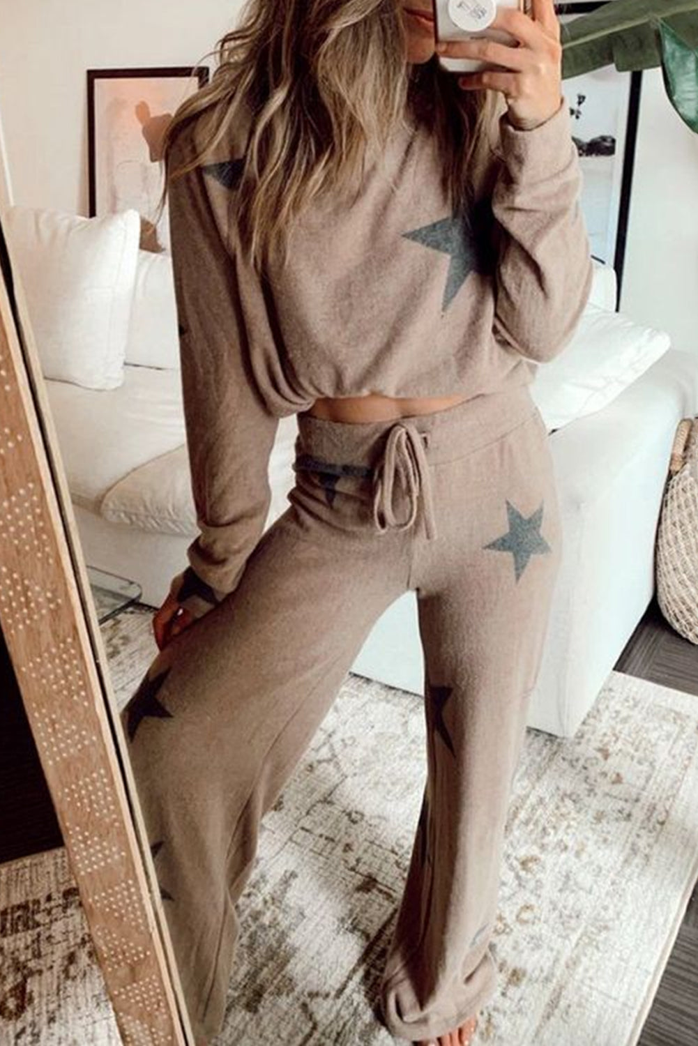 Khaki Retro Star Print Loose Long Sleeve Drawstring Wide Leg 2pcs Lounge Set