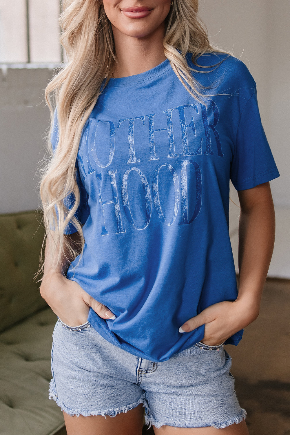 Sky Blue Vintage MOTHERHOOD Letter Graphic T Shirt