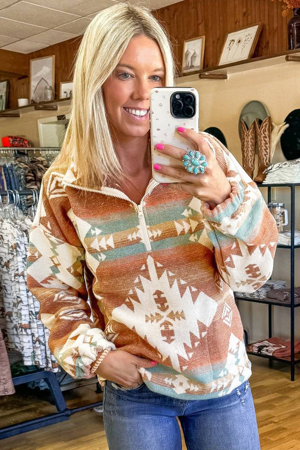 Khaki Quarter Zip Elastic Cuffs Aztec Sweatshirt