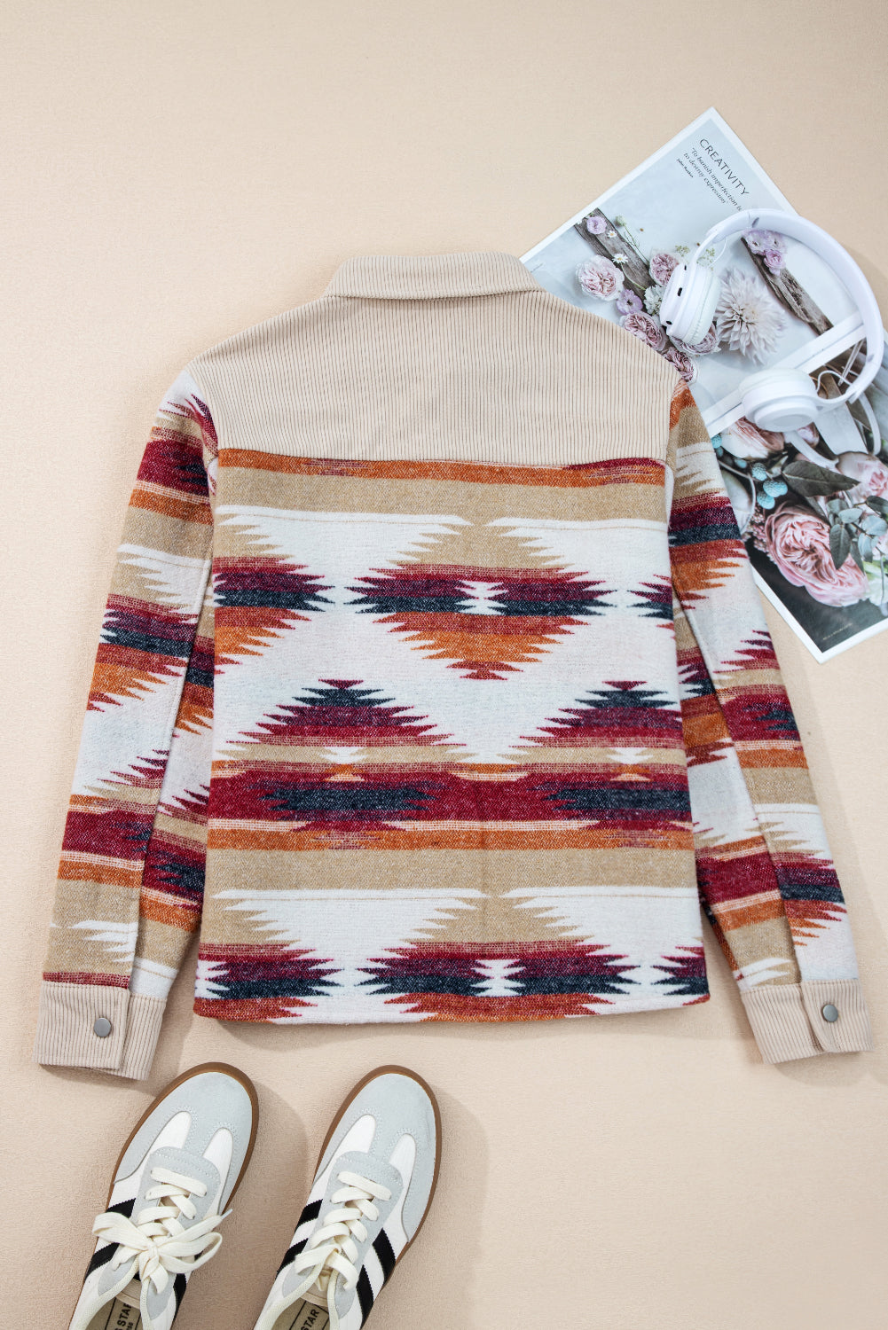 Multicolour Western Aztec Striped Patchwork Double Flap Pocket Raw Hem Shacket
