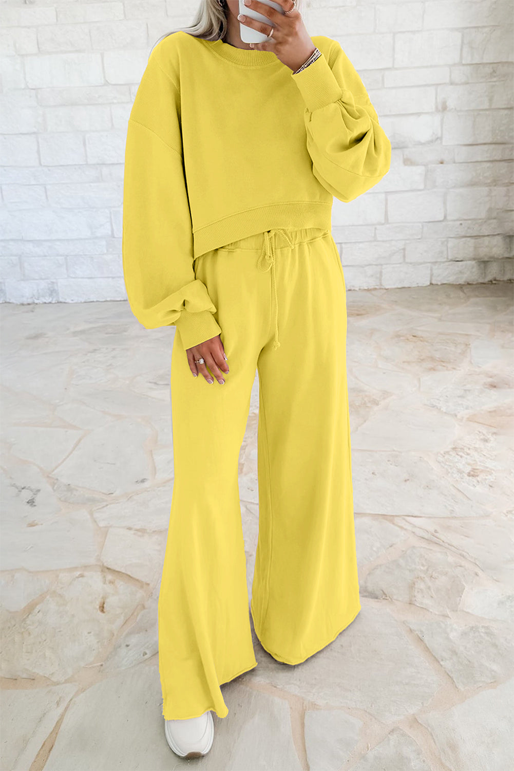 Yellow Cream Drop Shoulder Puff Sleeve Crop Pullover Drawstring Wide Leg Pants Set