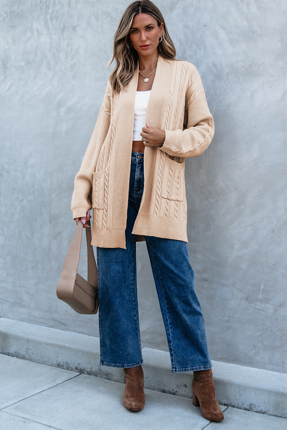 Parchment Oversize Chunky Cable Knit Open Front Midi-length Cardigan
