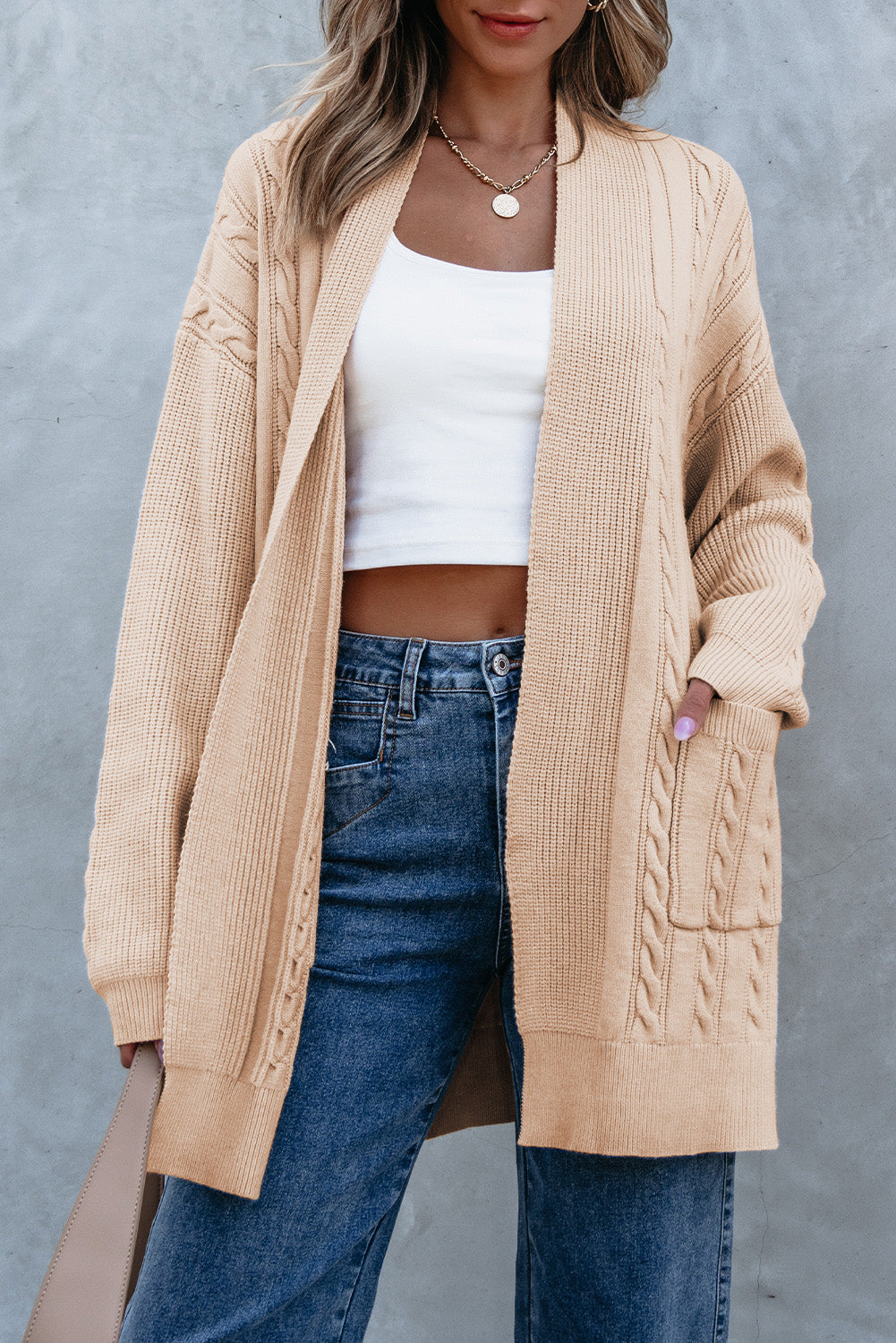 Parchment Oversize Chunky Cable Knit Open Front Midi-length Cardigan