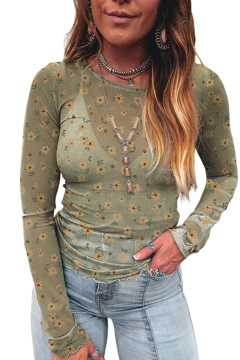 Laurel Green Vintage Floral Print Southern Style Mesh Long Sleeve Top
