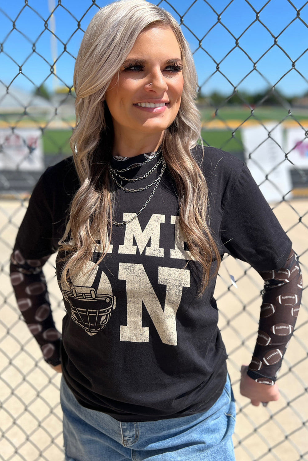 Black Game Day Rugby Mesh Sheer Long Sleeve Top