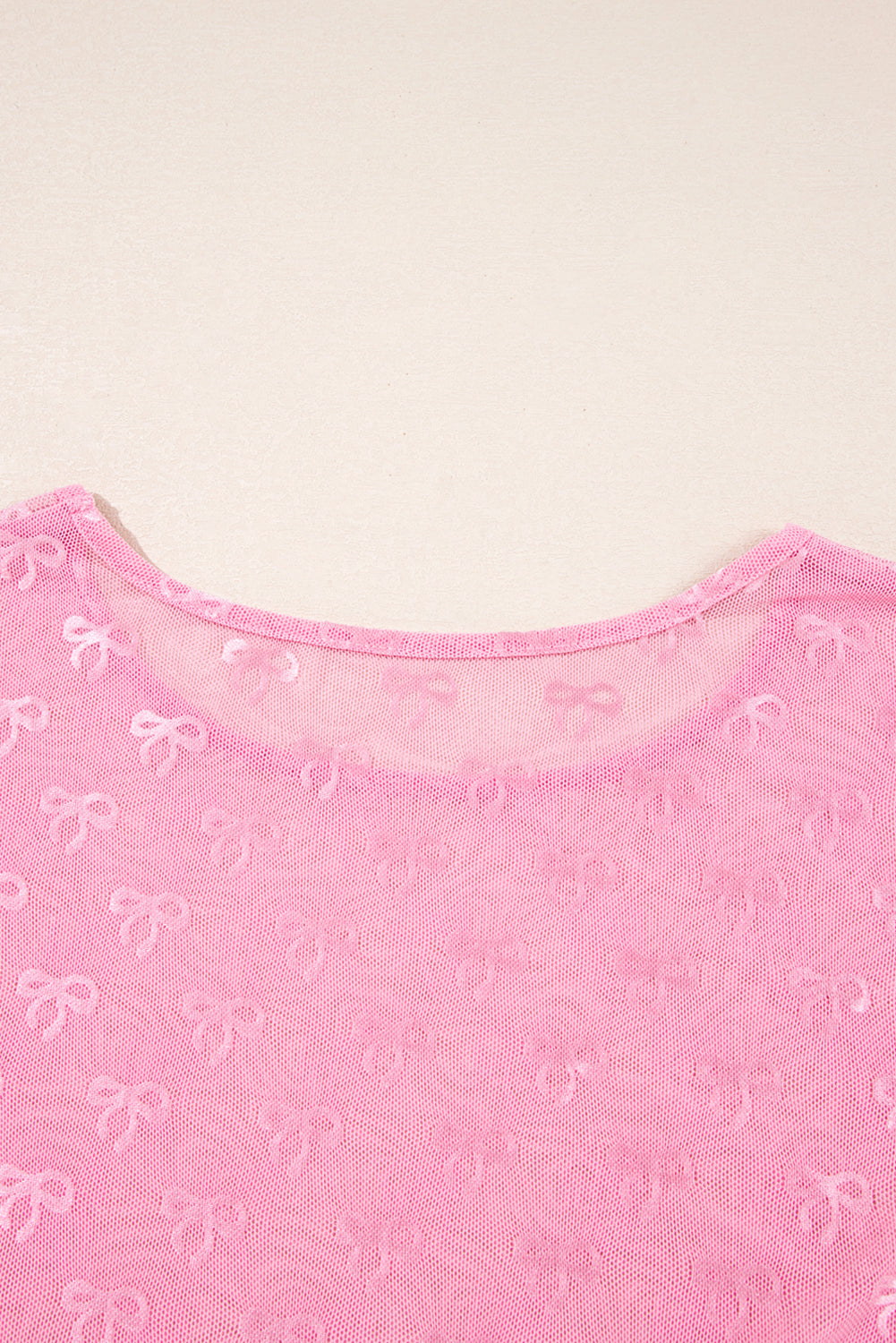 Pink Plus Size Bow Embroidered Mesh Long Sleeve Top