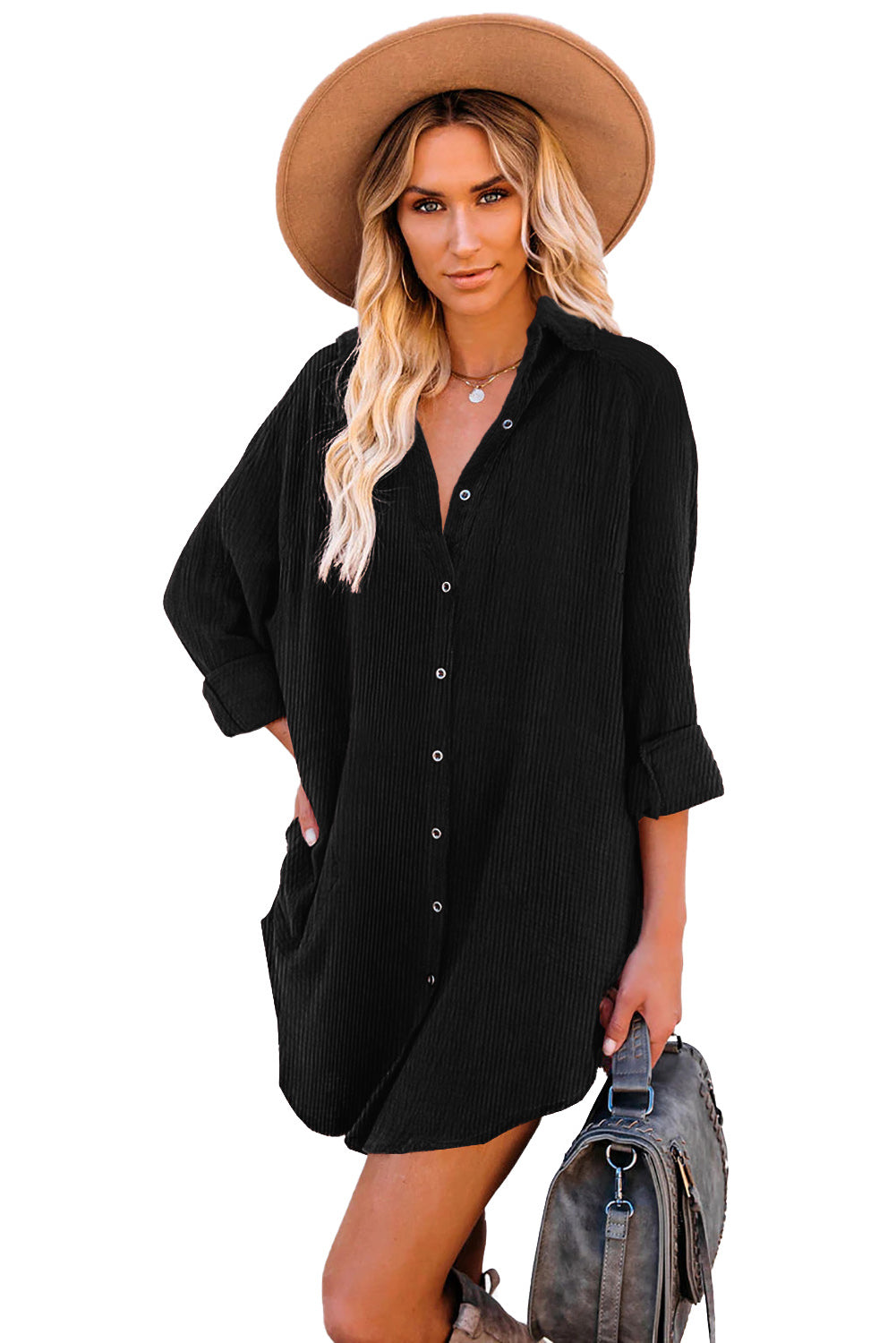 Black Corduroy Shirt Style Full Button Long Sleeve Shift Mini Dress