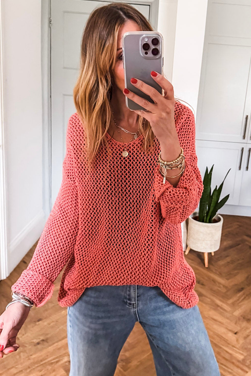 Coral Crochet Hollow-out Jumper Top Sweater
