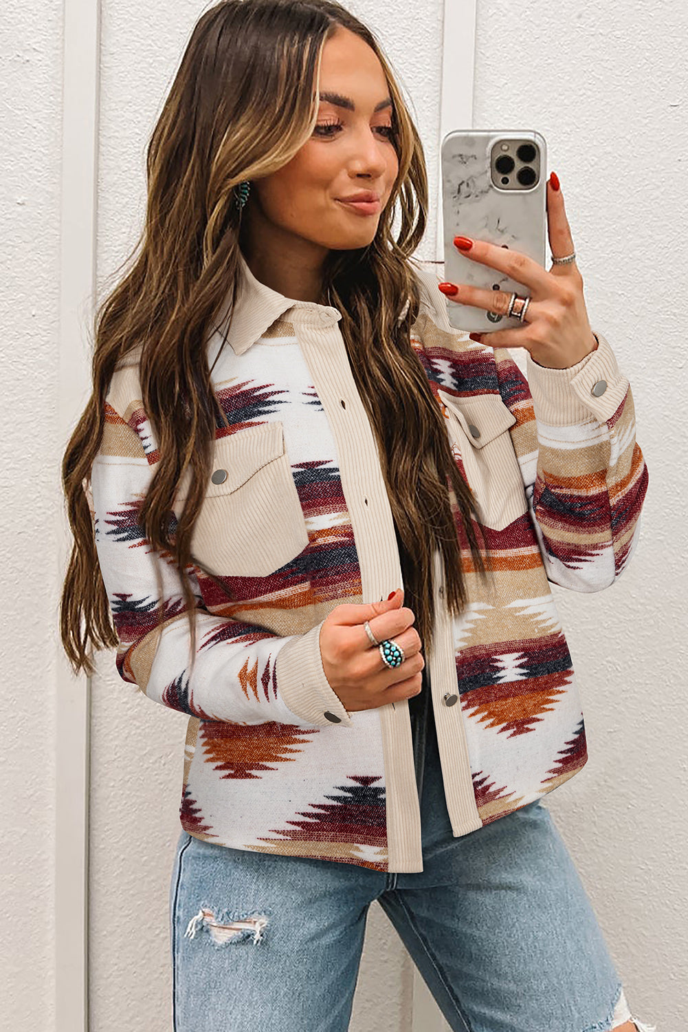 Multicolour Western Aztec Striped Patchwork Double Flap Pocket Raw Hem Shacket