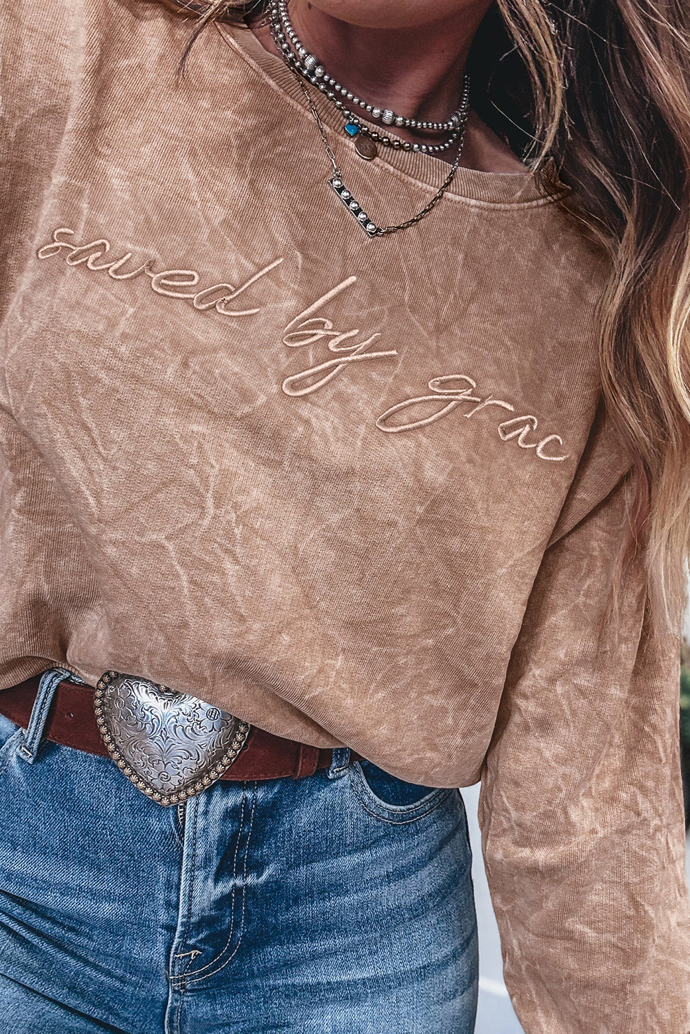 DUNE saved by grace Letter Embroidery Mineral Wash Loose Sweatshirt
