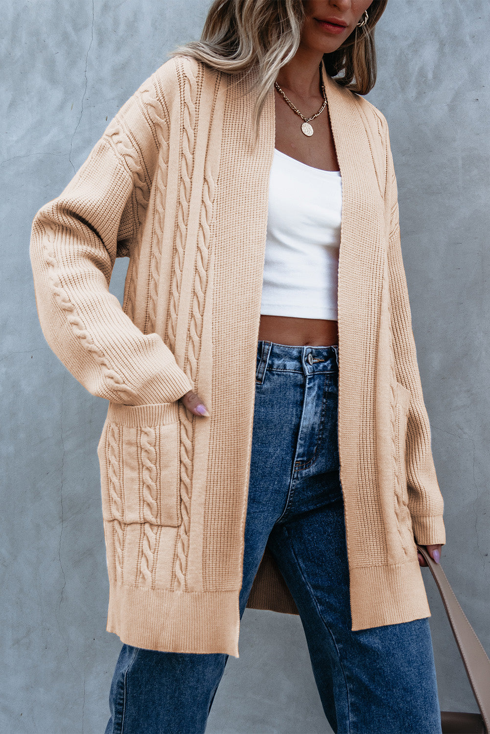 Parchment Oversize Chunky Cable Knit Open Front Midi-length Cardigan