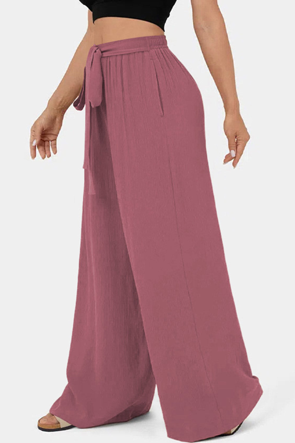 Rose Tan High Waisted Tie Front Side Pocket Wide Leg Flowy Casual Pants
