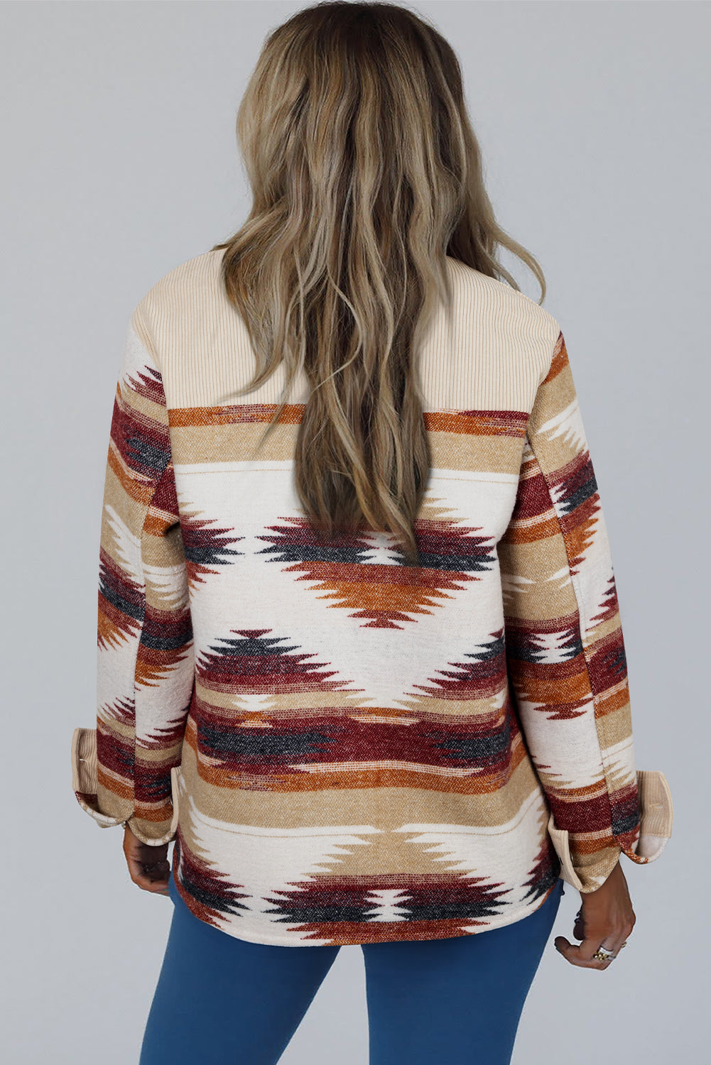 Multicolour Western Aztec Striped Patchwork Double Flap Pocket Raw Hem Shacket