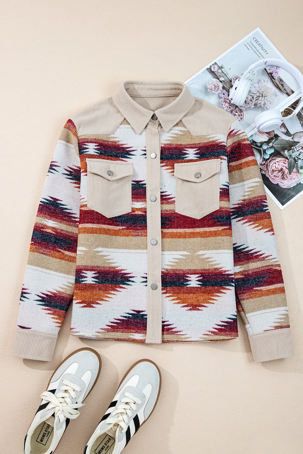 Multicolour Western Aztec Striped Patchwork Double Flap Pocket Raw Hem Shacket