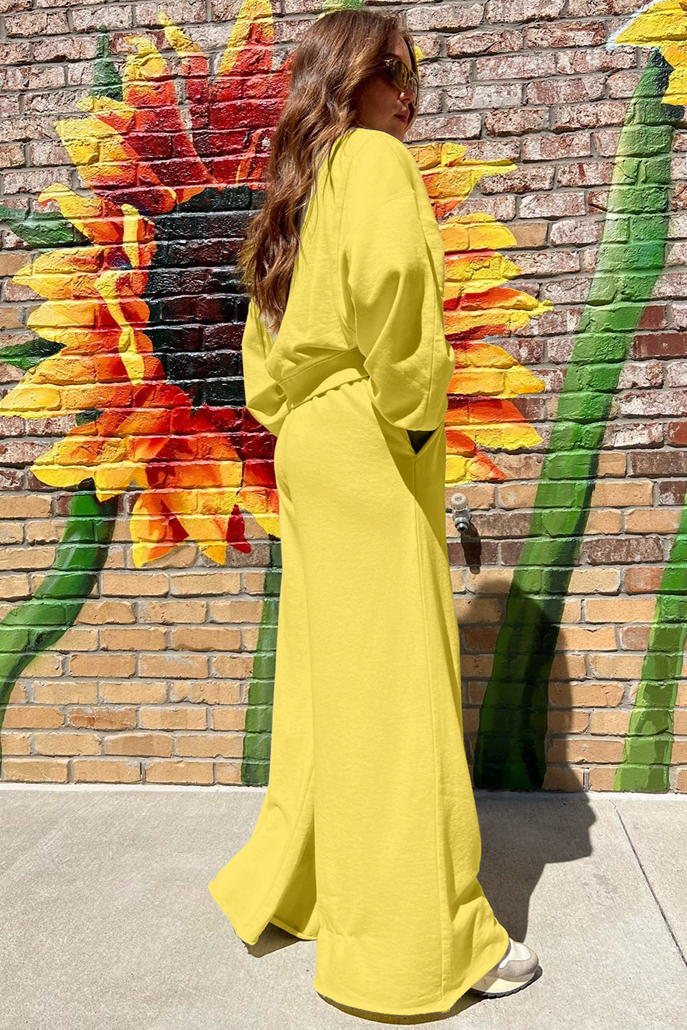 Yellow Cream Drop Shoulder Puff Sleeve Crop Pullover Drawstring Wide Leg Pants Set