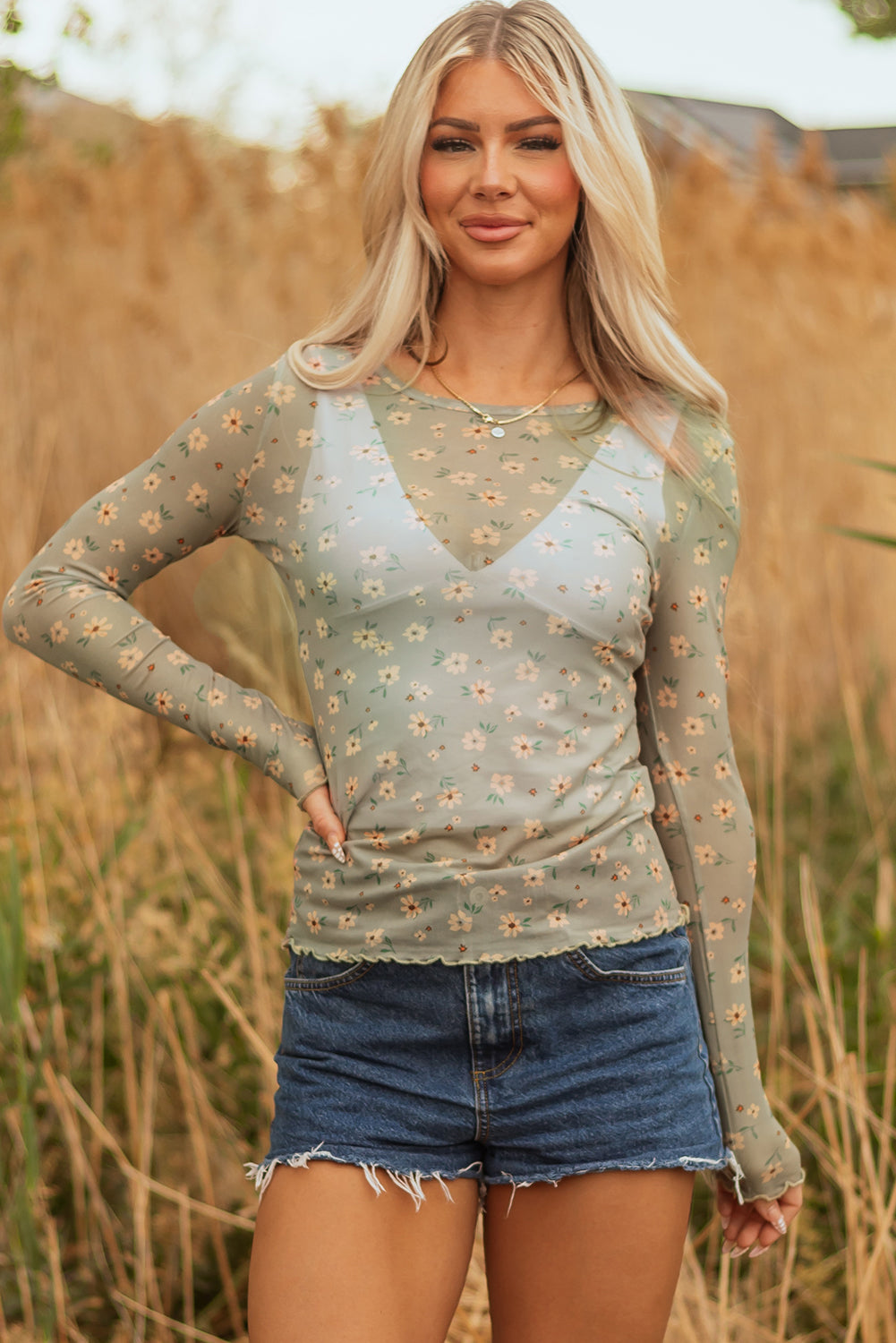 Laurel Green Vintage Floral Print Southern Style Mesh Long Sleeve Top