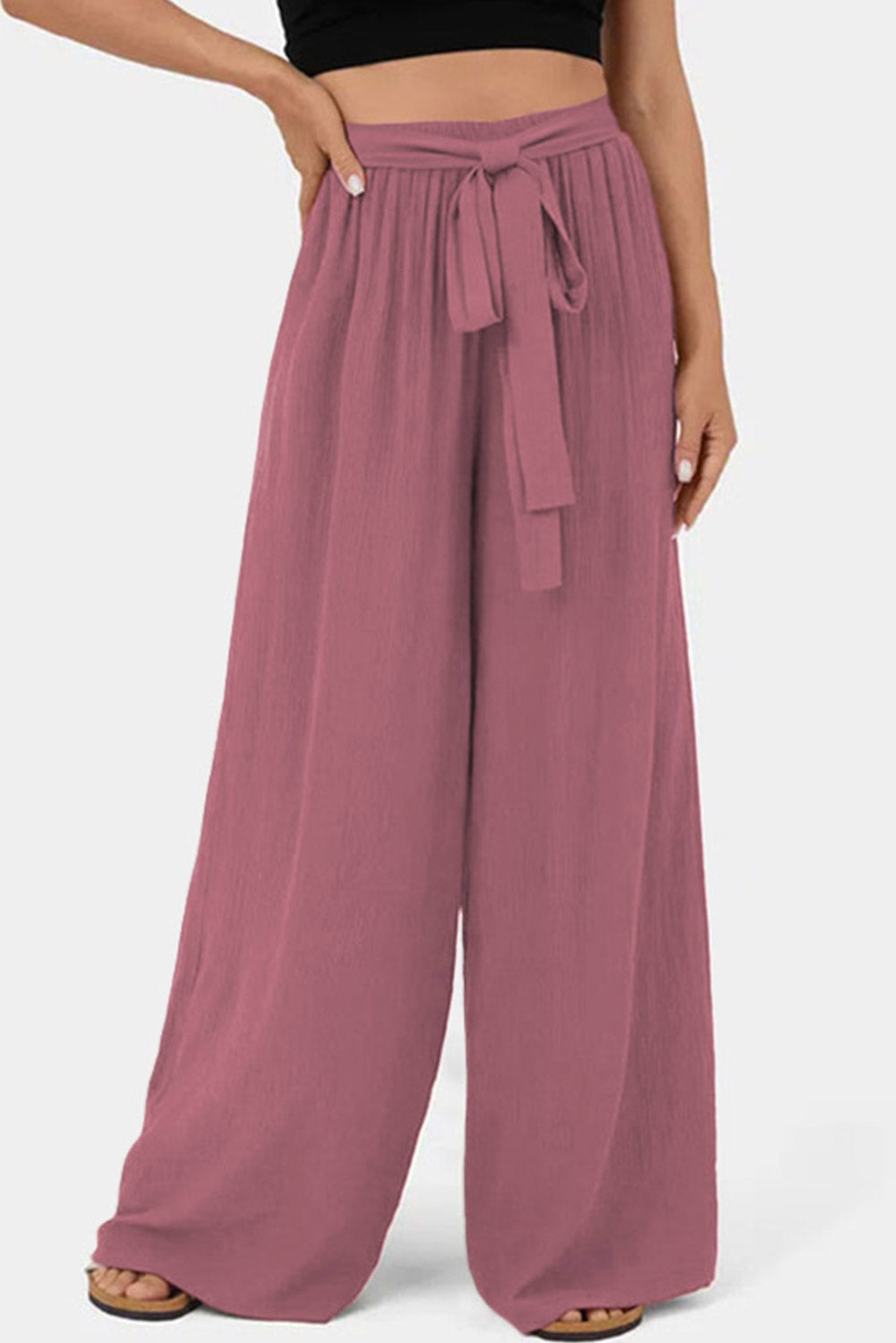 Rose Tan High Waisted Tie Front Side Pocket Wide Leg Flowy Casual Pants
