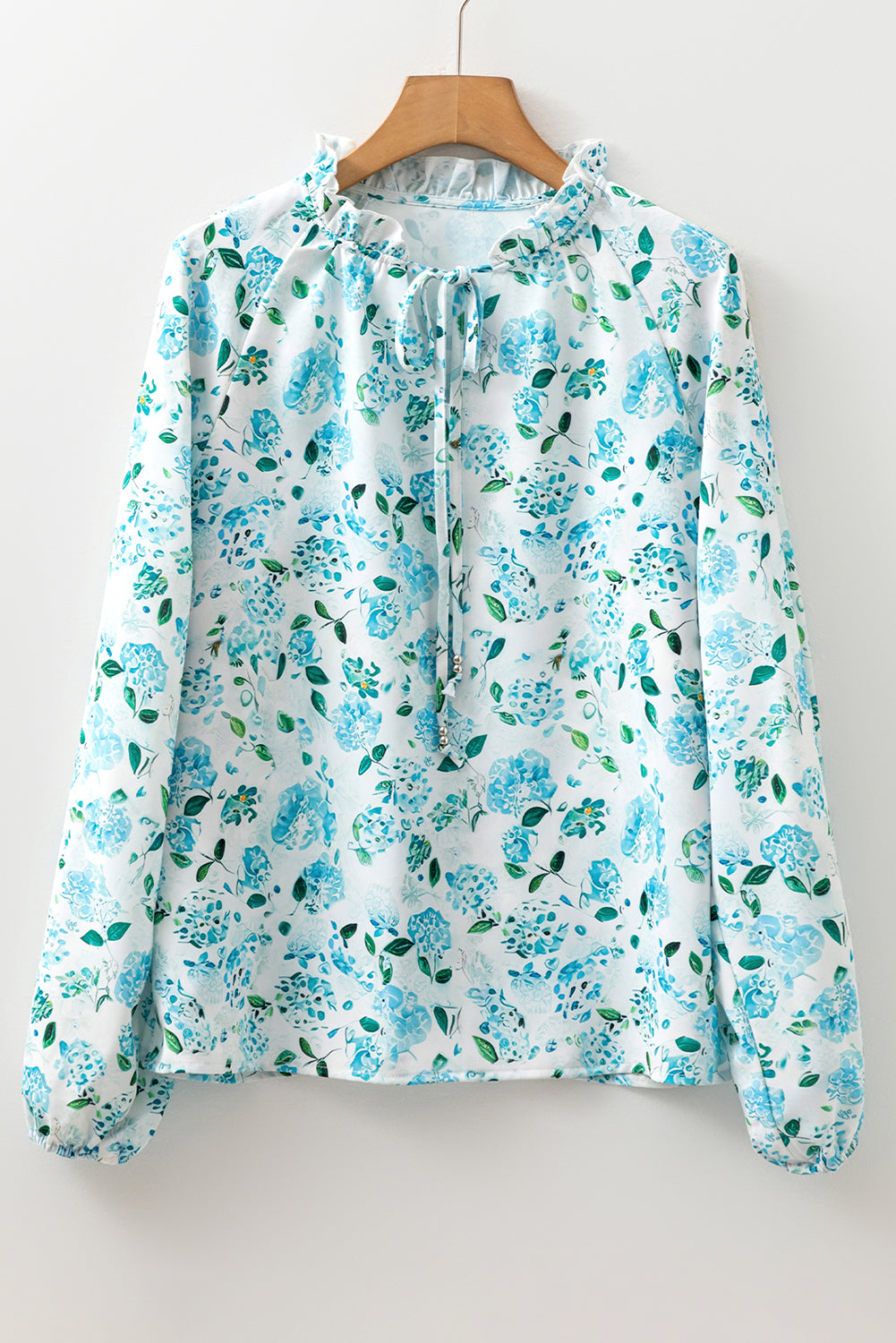 Sky Blue Floral Print Frilled Trim Tie Neck Elastic Cuffs Long Sleeve Blouse
