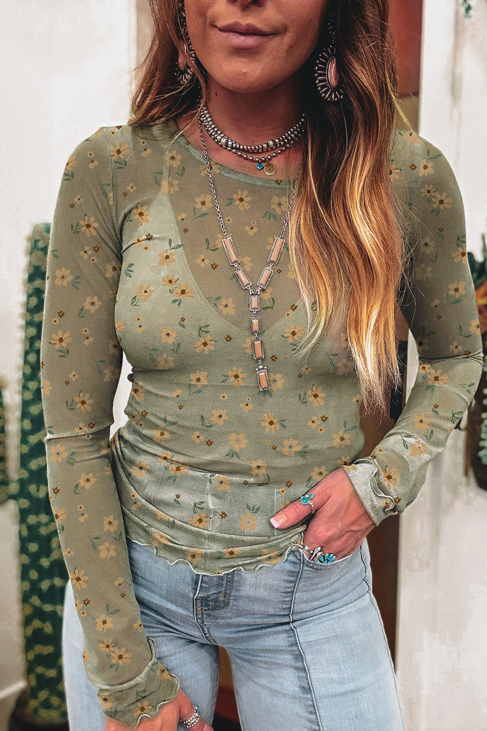 Laurel Green Vintage Floral Print Southern Style Mesh Long Sleeve Top