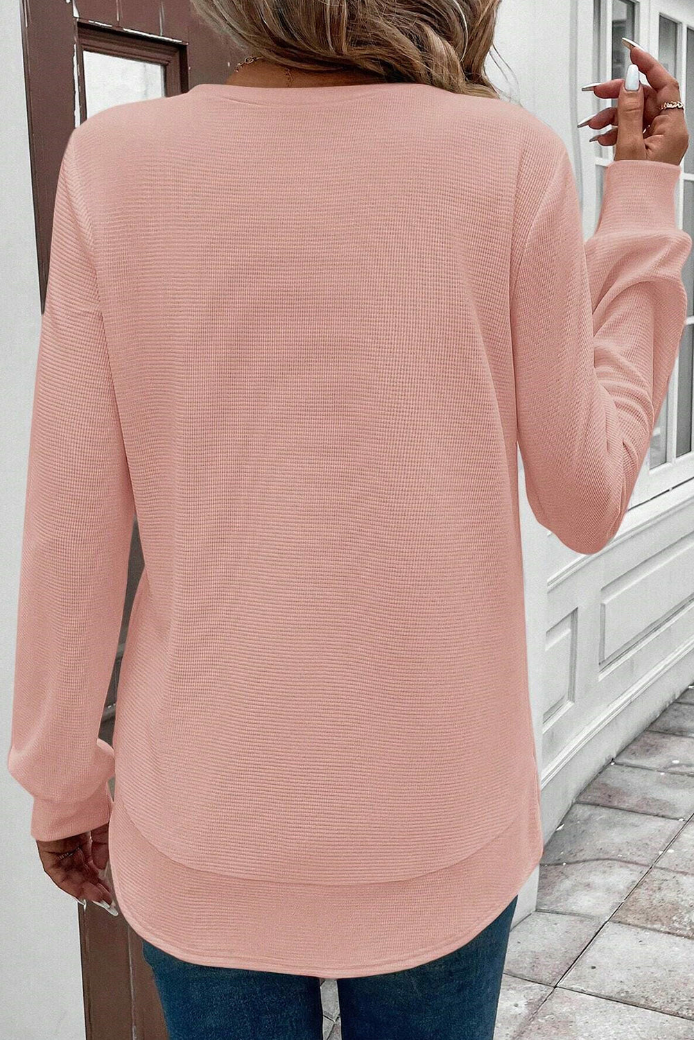 Gossamer Pink Rounded Hem Waffle Long Sleeve Top
