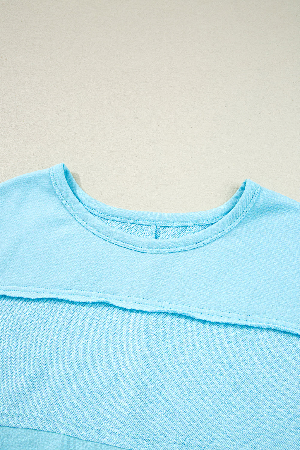 Aruba Blue Plus Size Solid Color Splicing Raw Hem Pullover Top Shorts Set