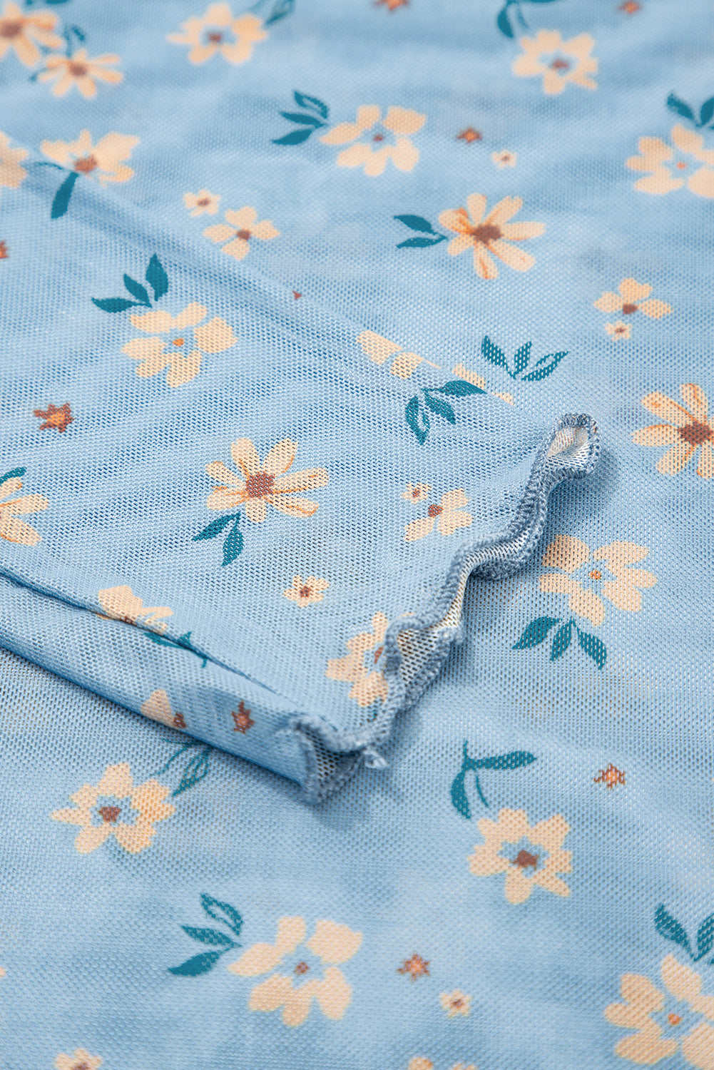 Sky Blue Vintage Floral Print Southern Style Mesh Long Sleeve Top