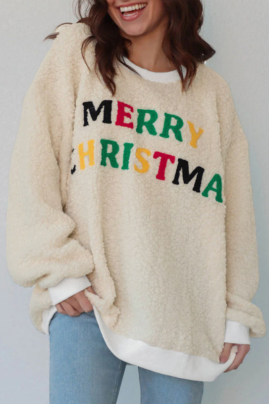 White MERRY CHRISTMAS Multicolor Embroidered Sherpa Pullover Sweatshirt