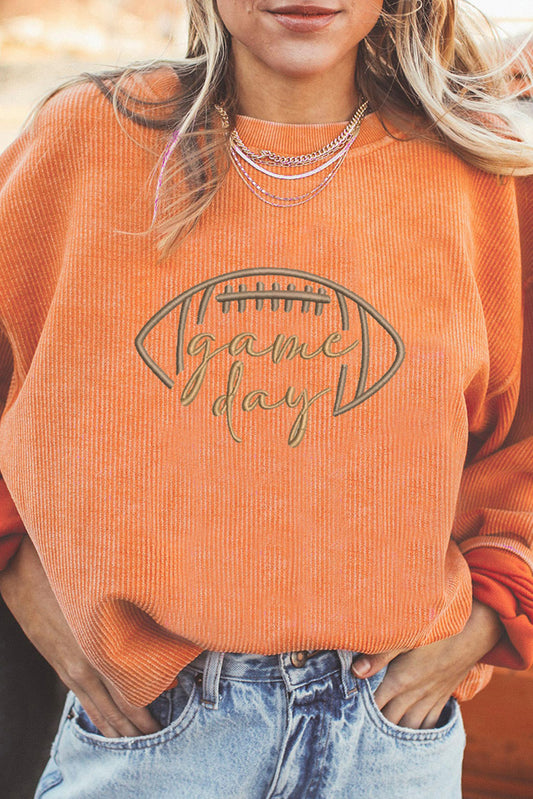 Orange Rugby Game Day Embroidered Corduroy Sweatshirt