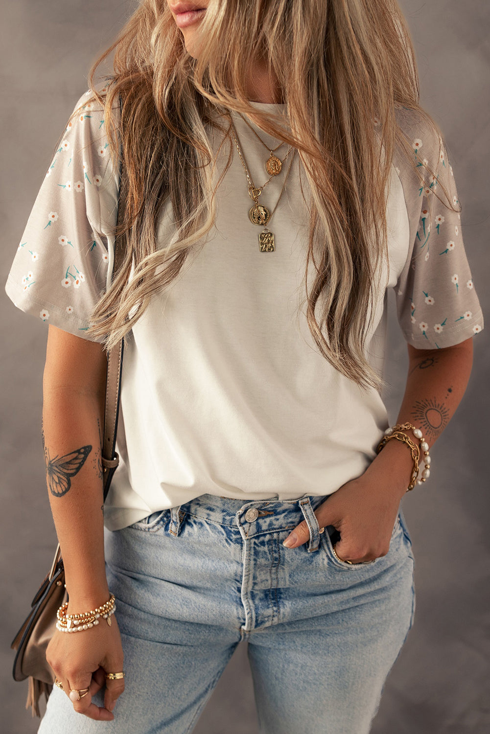 Beige Floral Print Color Block Raglan Sleeve T Shirt