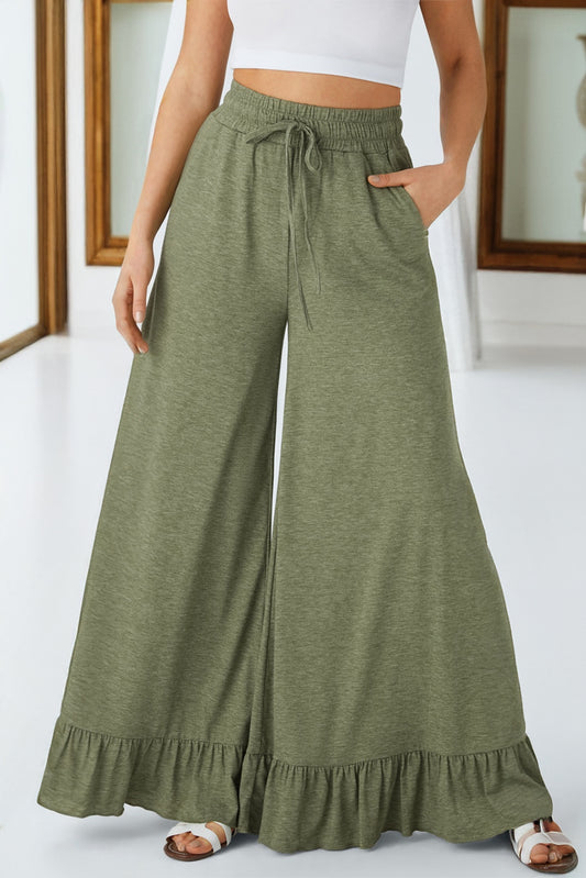 Jungle Green Ruffled Wide Leg Pull On High Waist Pants with Pockets