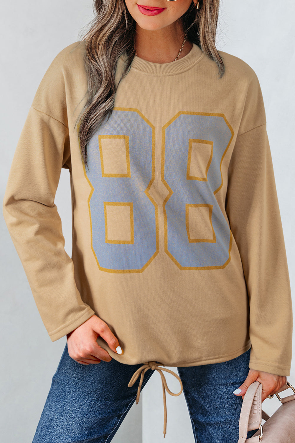 Khaki 88 Number Graphic Drawstring Hemline Oversize Long Sleeve Top