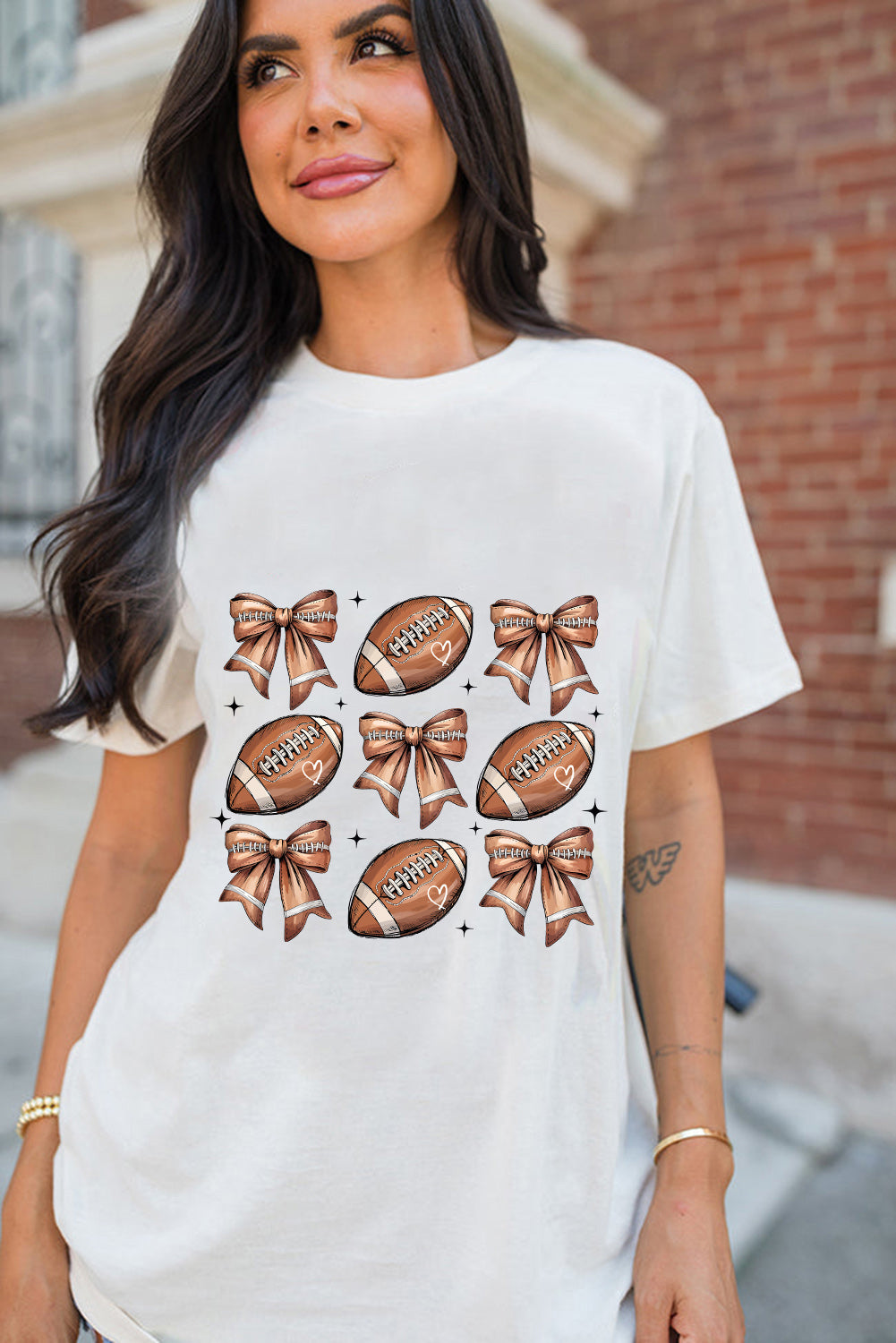 White Football Fashion Bow Print Cotton Blend T Shirt