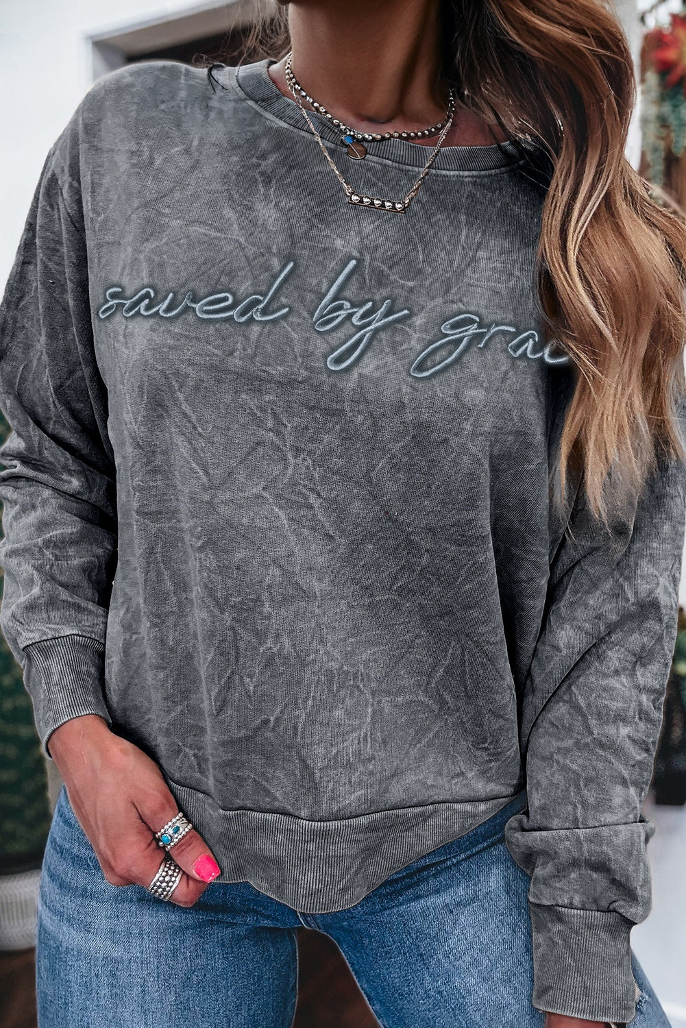 High-rise saved by grace Letter Embroidery Mineral Wash Loose Sweatshirt