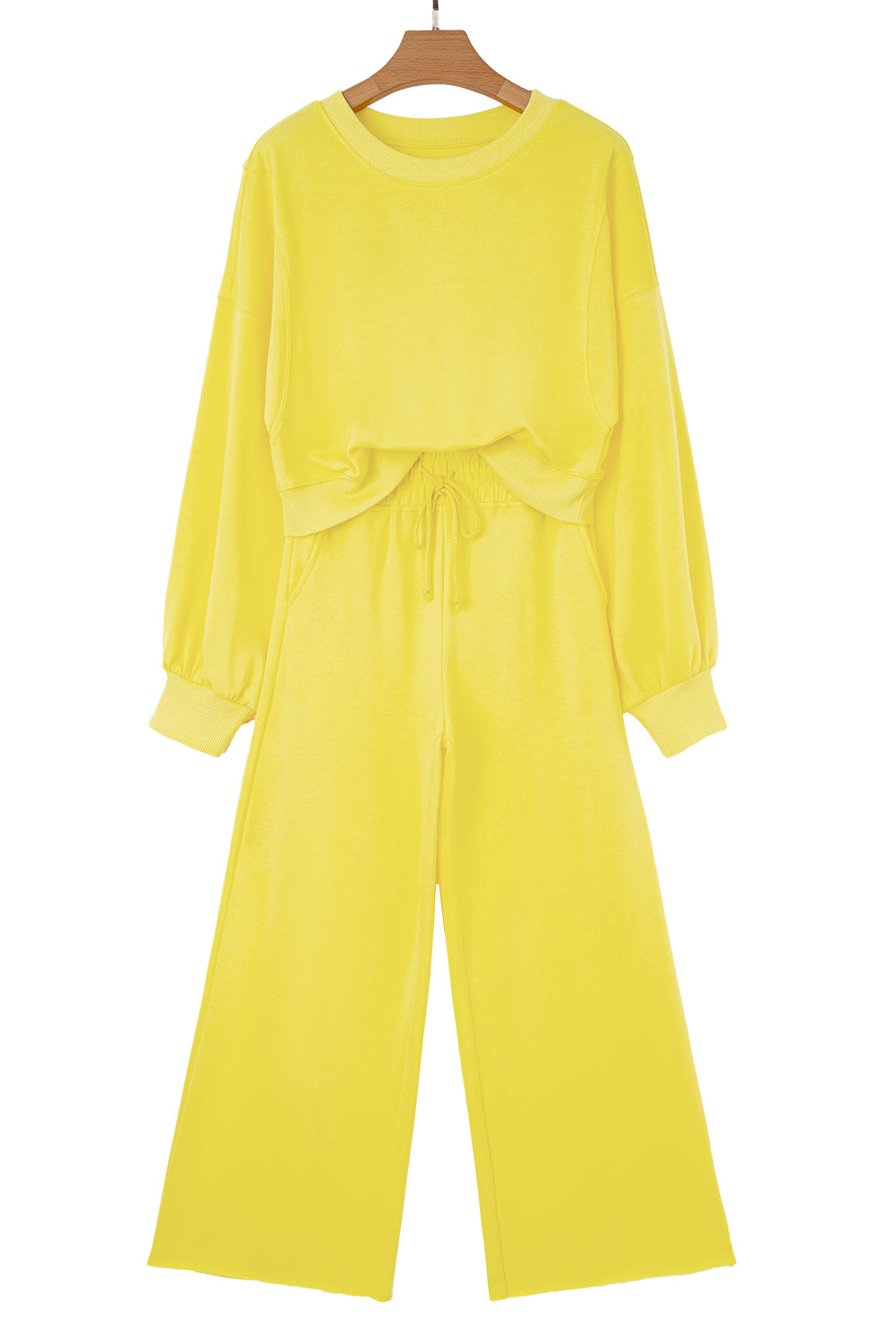 Yellow Cream Drop Shoulder Puff Sleeve Crop Pullover Drawstring Wide Leg Pants Set