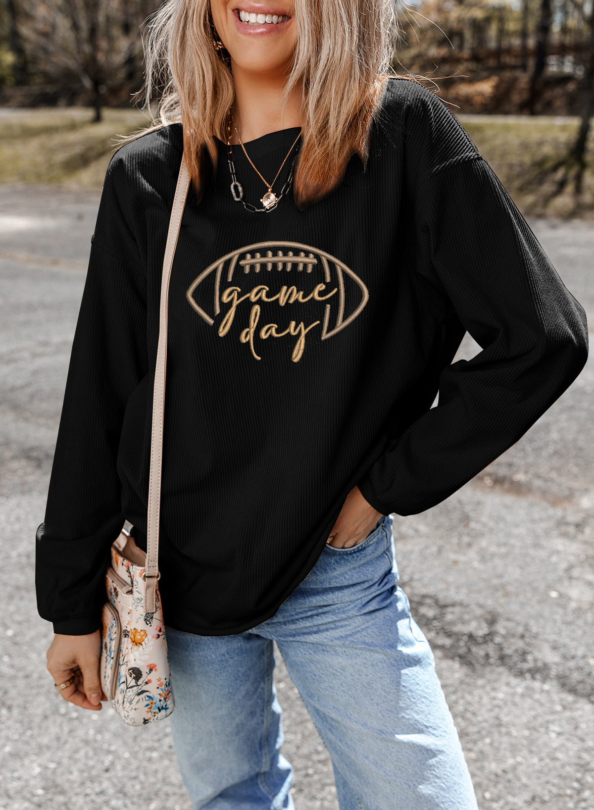 Black Rugby Game Day Embroidered Corduroy Sweatshirt