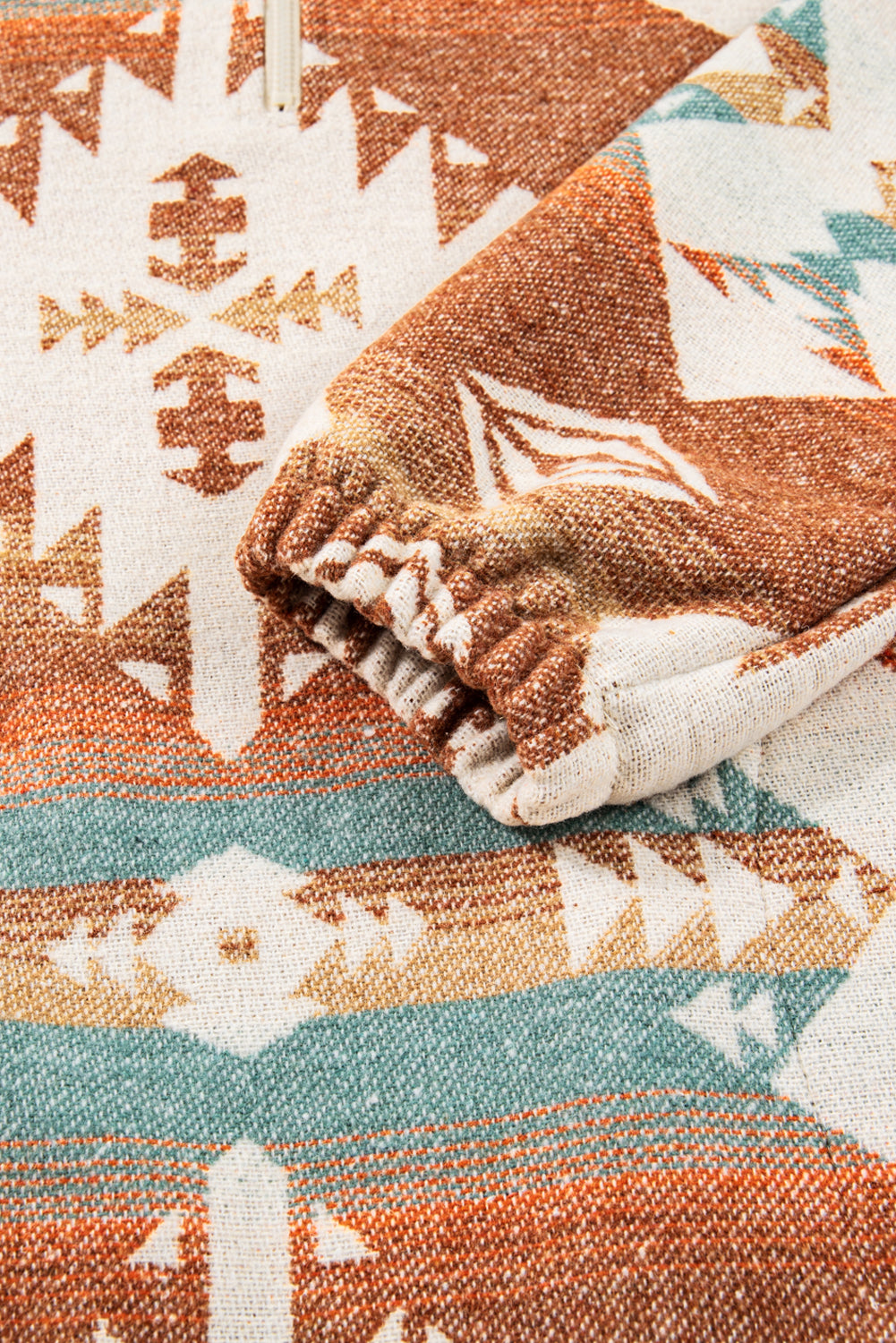 Khaki Quarter Zip Elastic Cuffs Aztec Sweatshirt