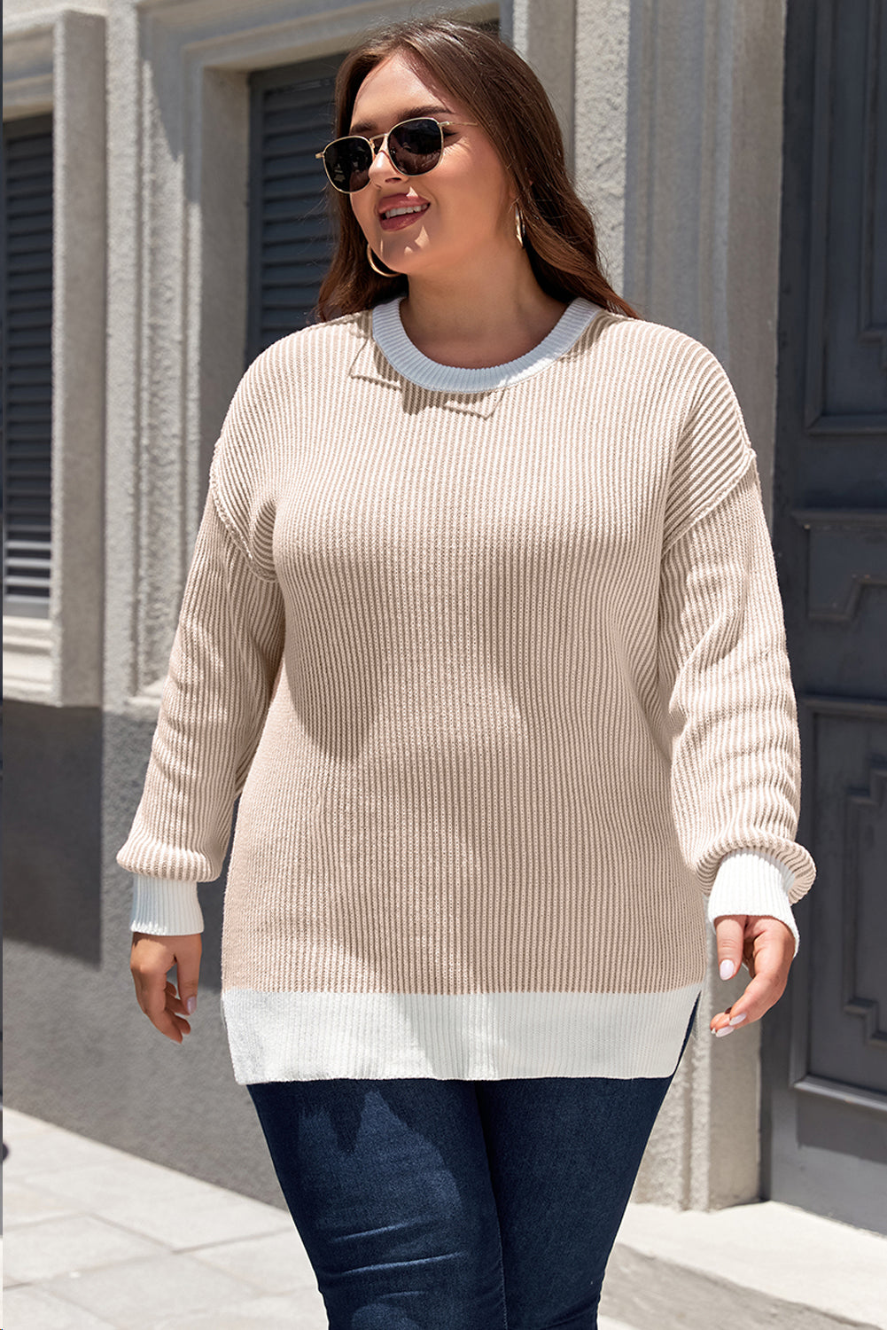 Brown Stripe Plus Size Contrast Trim Crew Neck Rib Knit Drop Shoulder Sweater