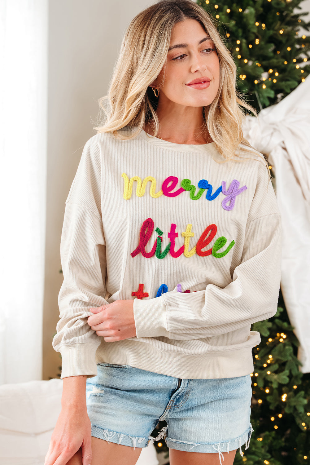Beige merry little thing Corded Letter Graphic Ribbed Loose Sweatshirt