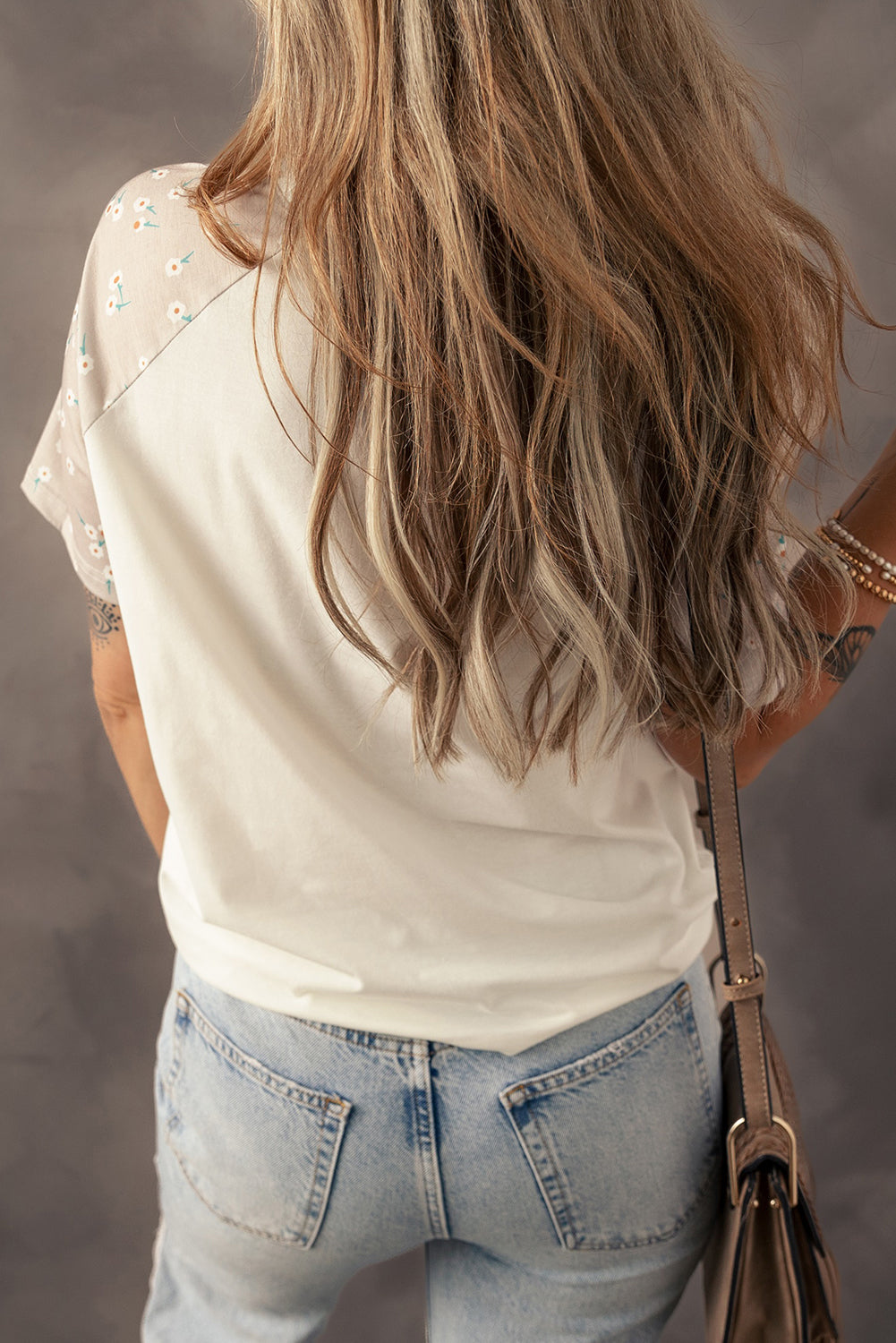 Beige Floral Print Color Block Raglan Sleeve T Shirt