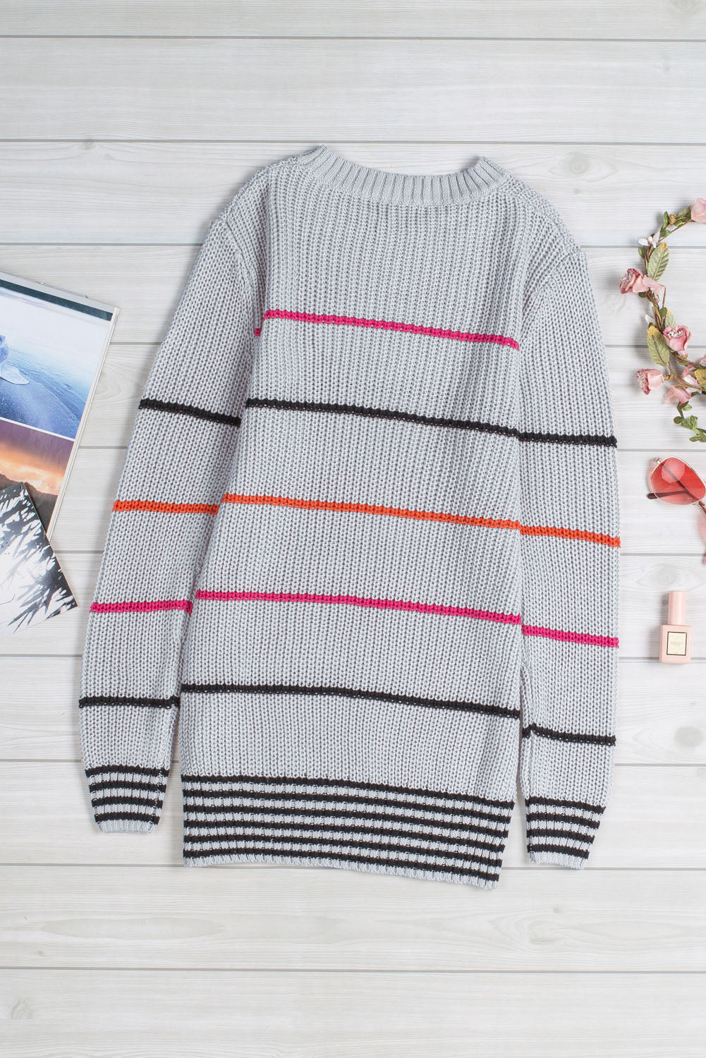 Gray Ribbed Knit Striped Sweater