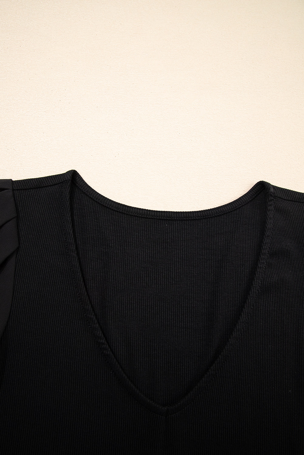 Black Mesh Ruffled Sleeve Slim Fit V Neck Top