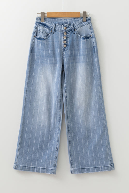 Beau Blue Multi Buttons Pinstripe Wide Leg Jeans