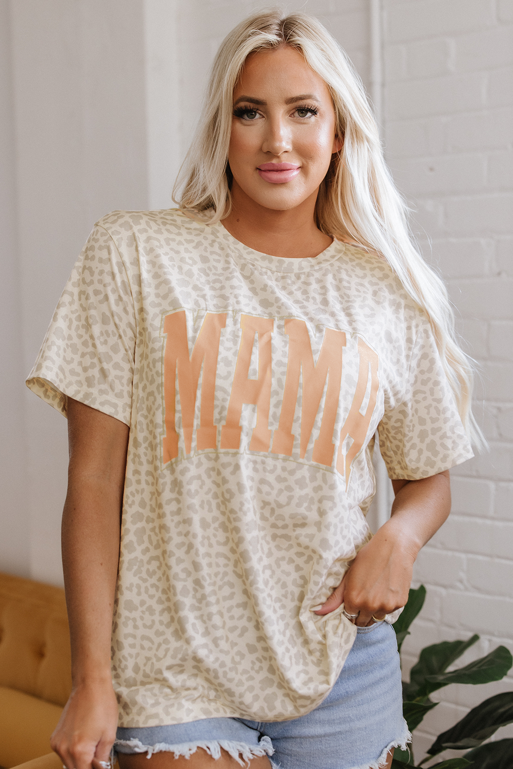 Yellow MAMA Letter Graphic Leopard Loose Tee
