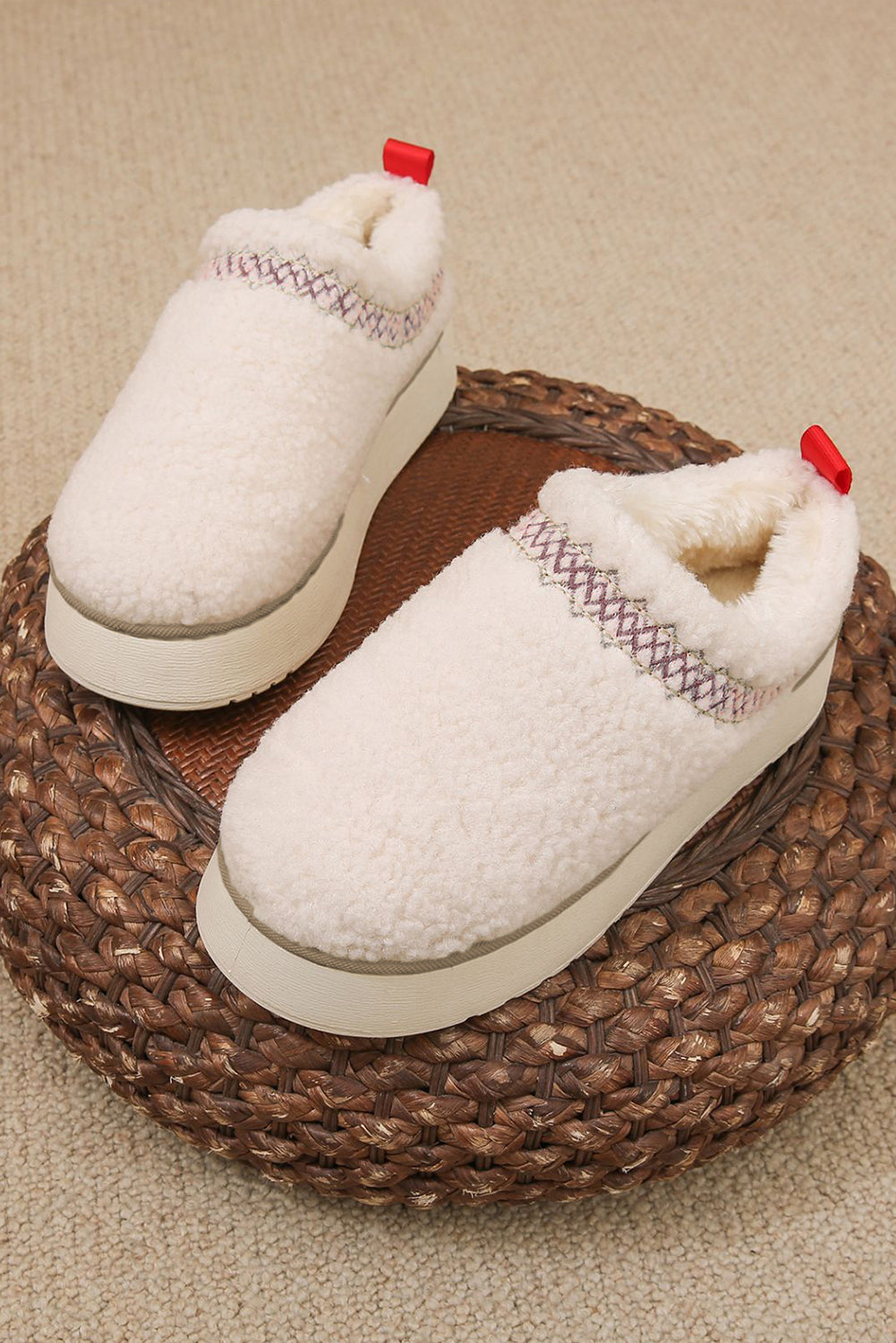 White Embroidered Sherpa Plush Thick Sole Winter Slippers