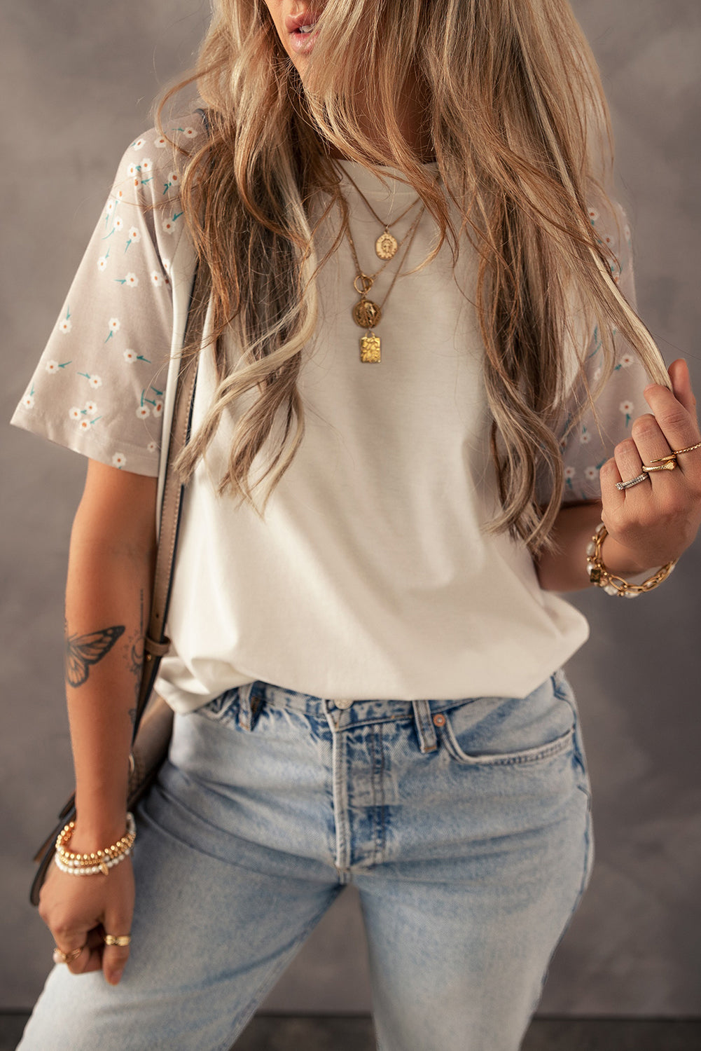 Beige Floral Print Color Block Raglan Sleeve T Shirt
