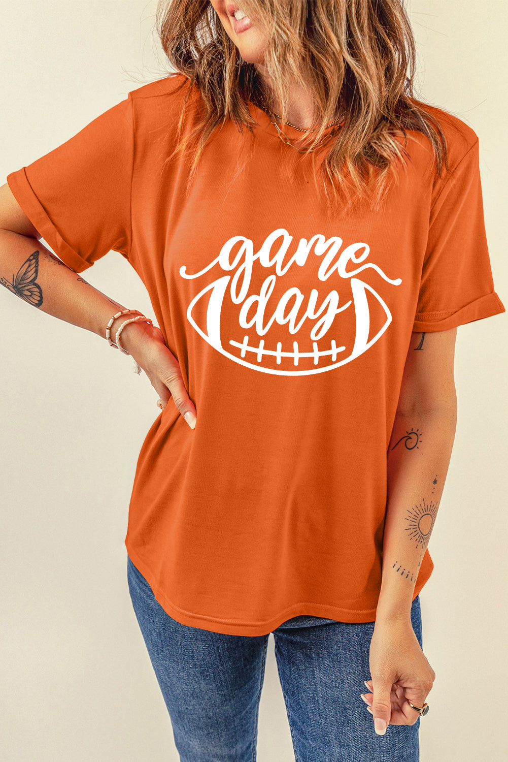 Orange game day Football Print Womens T Shirt