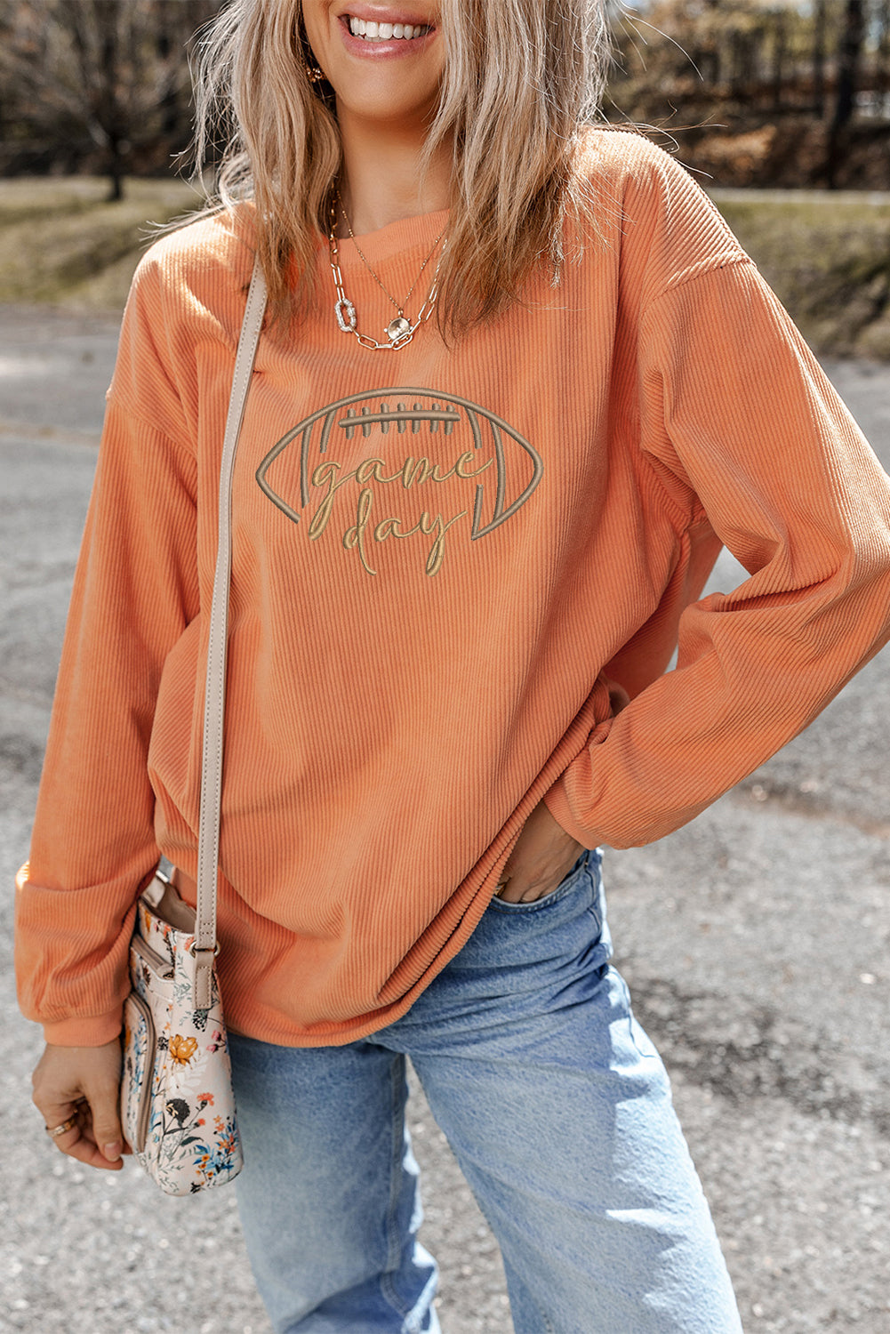 Orange Rugby Game Day Embroidered Corduroy Sweatshirt